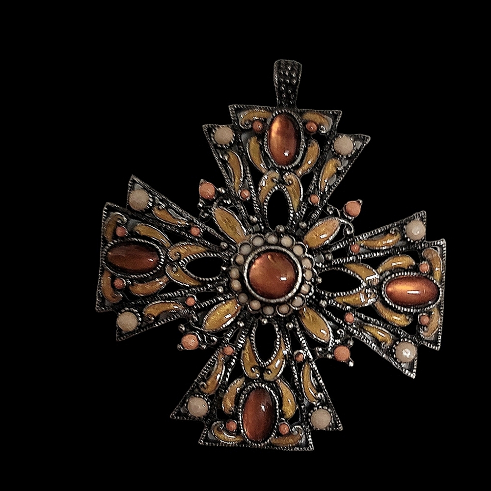 Vintage Silvertone Cross with Enamel & Faux Cabochons